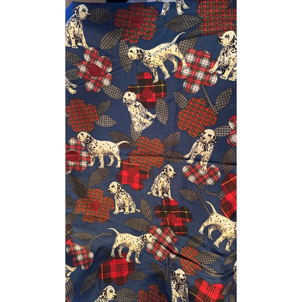 Vtg CS Shamash & Sons Fabric Dalmatian Puppy Dogs Plaid Flowers On Blue 3 Yds